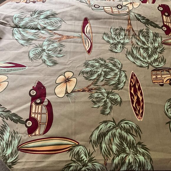 Hawaiian Tiki Beach Woody Car Surfboard Palm Trees Fabric 90" Wide x 64" - Picture 3 of 5